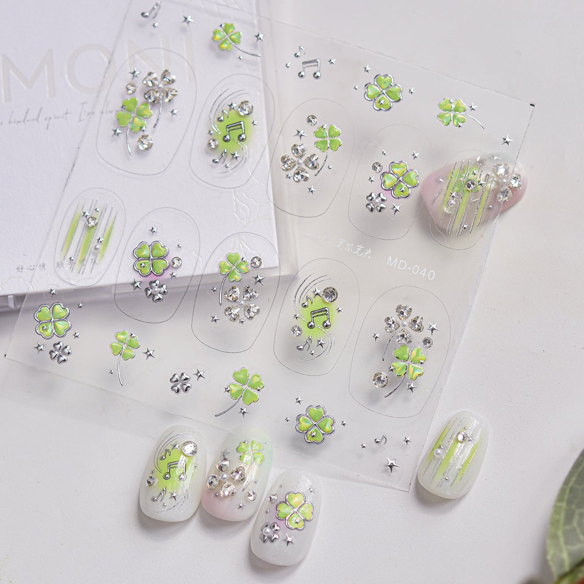 Clover Rhinestone Nail Stickers – Pre-Arranged Self-Adhesive Nail Gems MD040