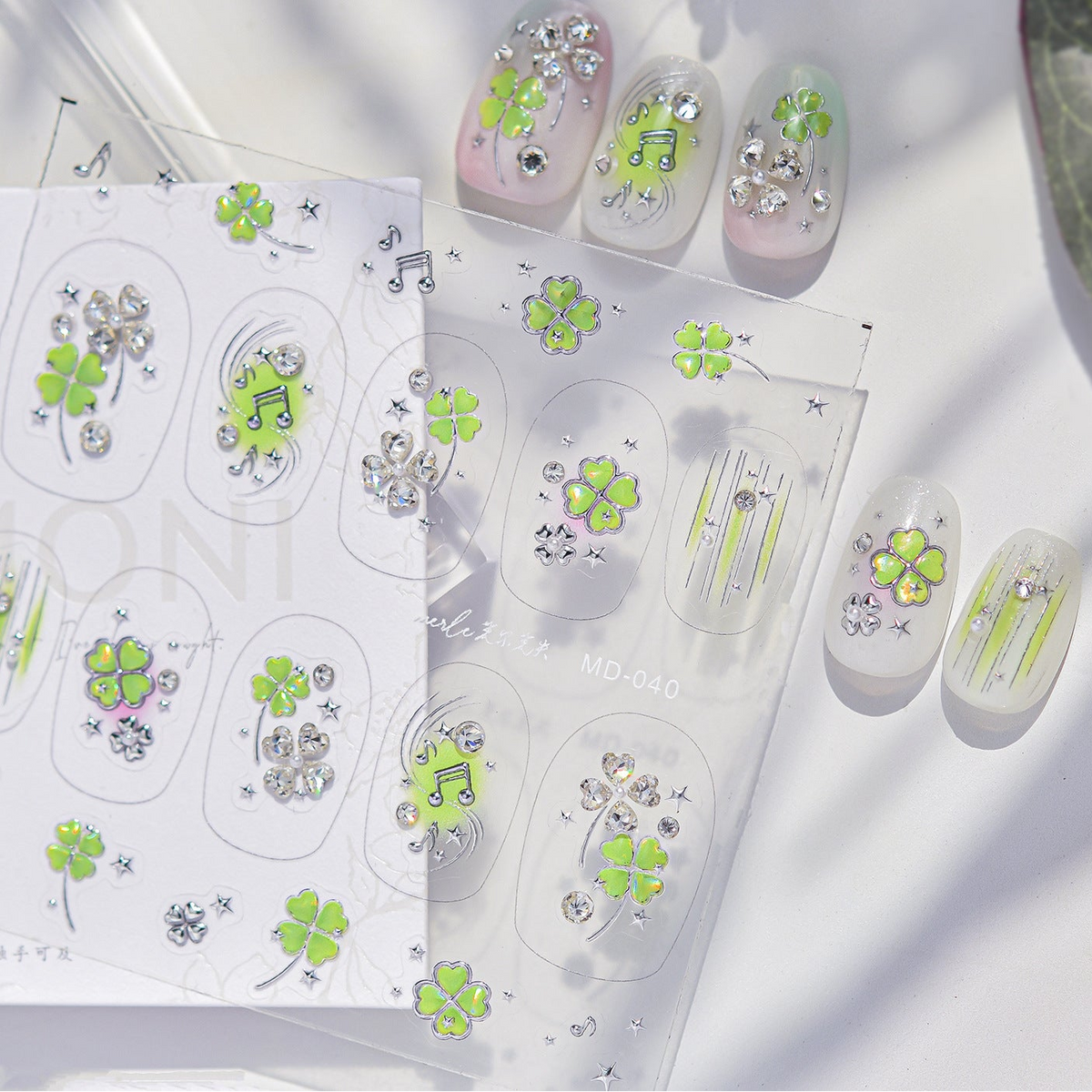 Clover Rhinestone Nail Stickers – Pre-Arranged Self-Adhesive Nail Gems MD040