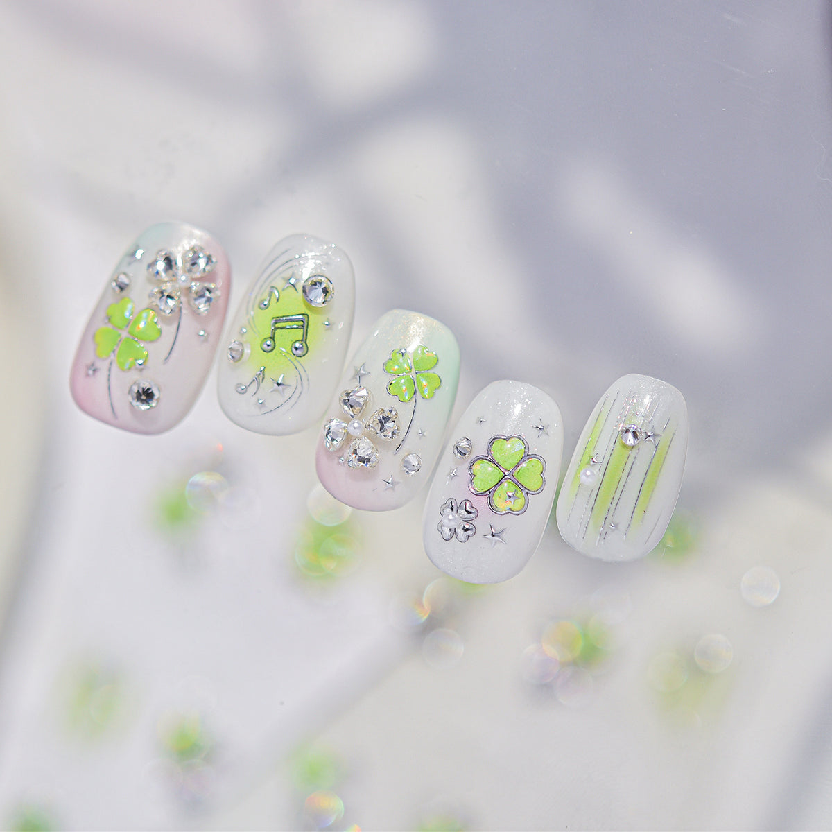 Clover Rhinestone Nail Stickers – Pre-Arranged Self-Adhesive Nail Gems MD040