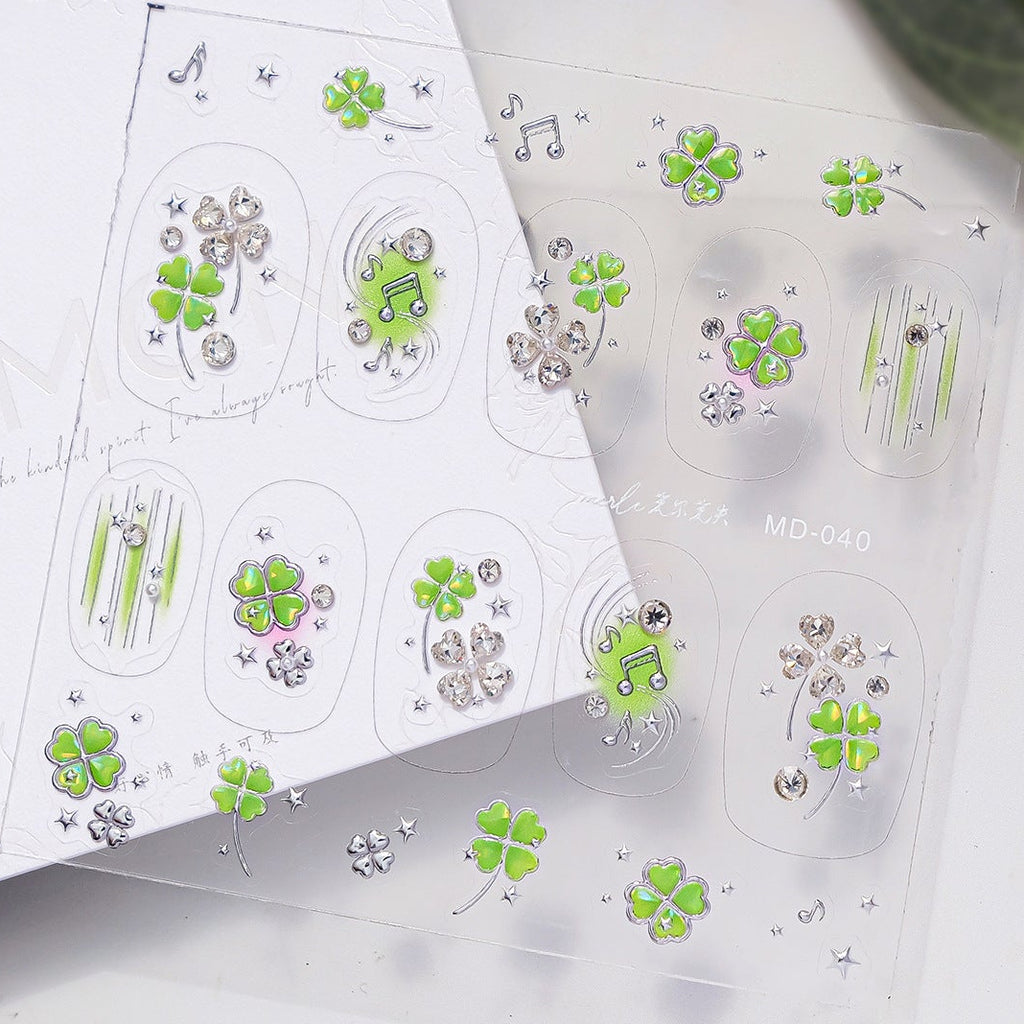 Clover Rhinestone Nail Stickers – Pre-Arranged Self-Adhesive Nail Gems MD040