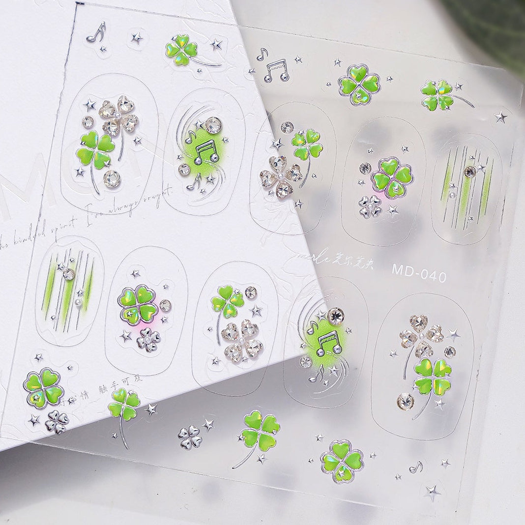 Clover Rhinestone Nail Stickers – Pre-Arranged Self-Adhesive Nail Gems MD040