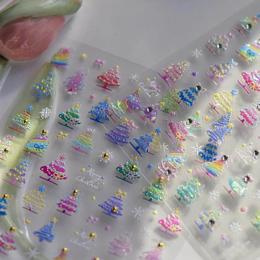 Colorful Christmas Tree Nail Art Stickers Adhesive Embossed Snowflake Sticker Decals to4460