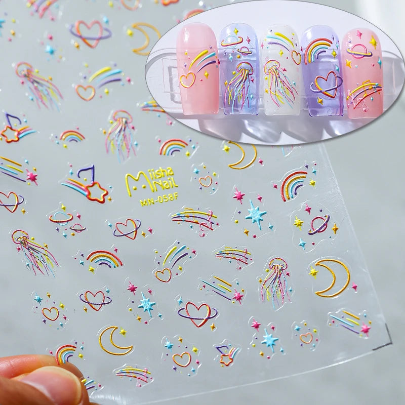 Colorful Graffiti Lines Nail Art Stickers Adhesive Slider Stars Jellyfish Sticker Decals 