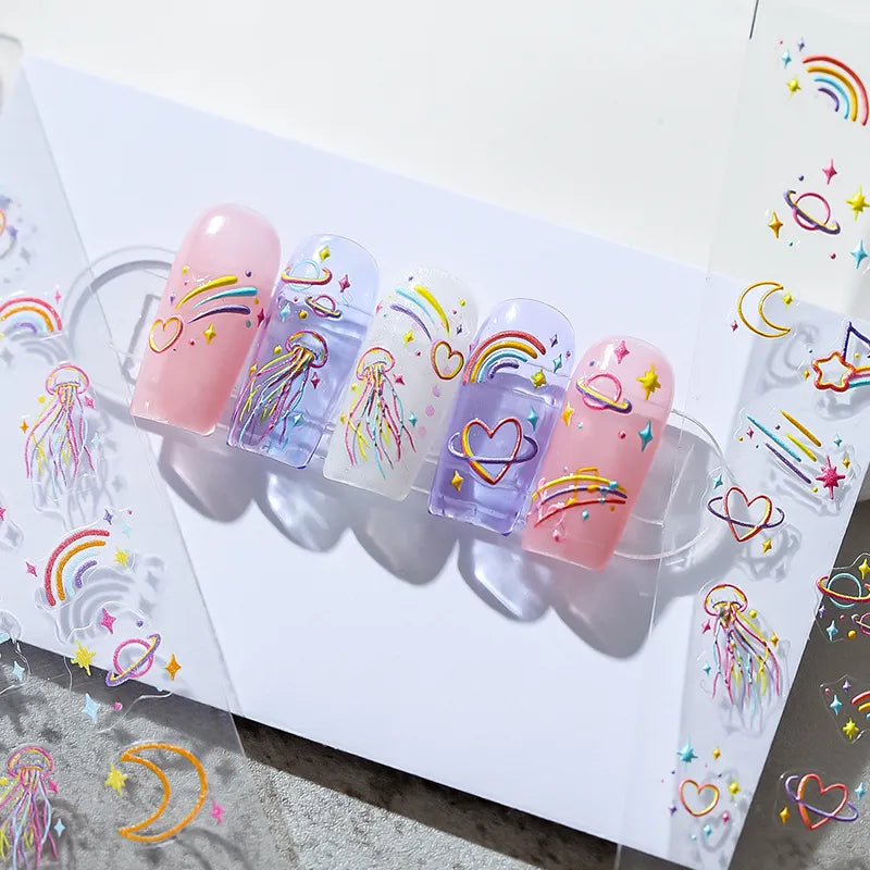 Colorful Graffiti Lines Nail Art Stickers Adhesive Slider Stars Jellyfish Sticker Decals 