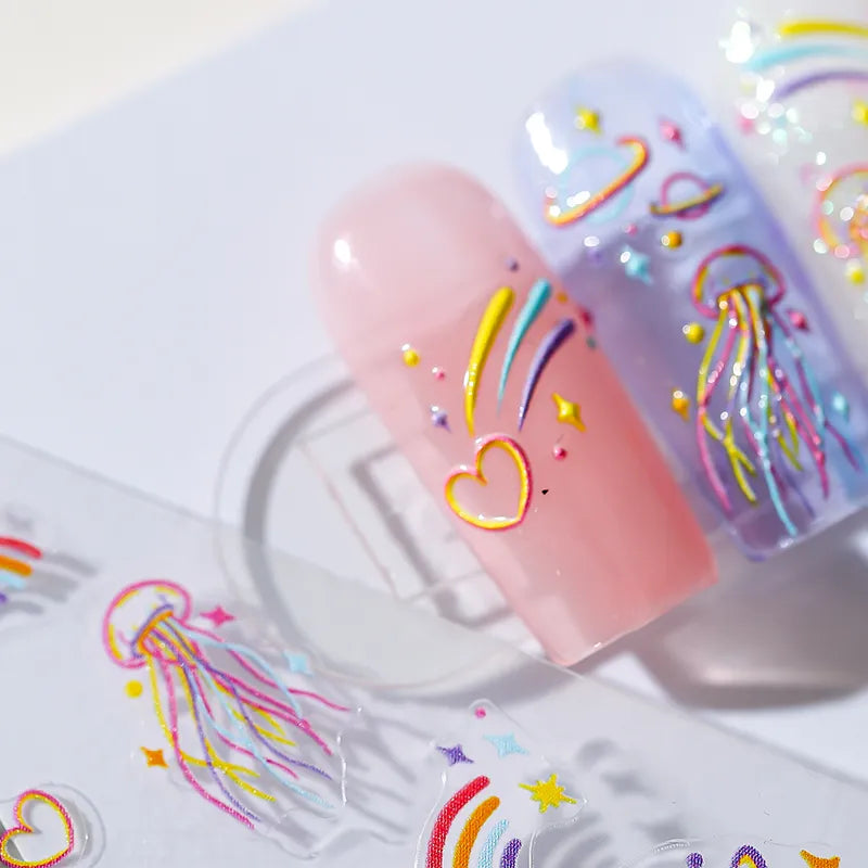 Colorful Graffiti Lines Nail Art Stickers Adhesive Slider Stars Jellyfish Sticker Decals 