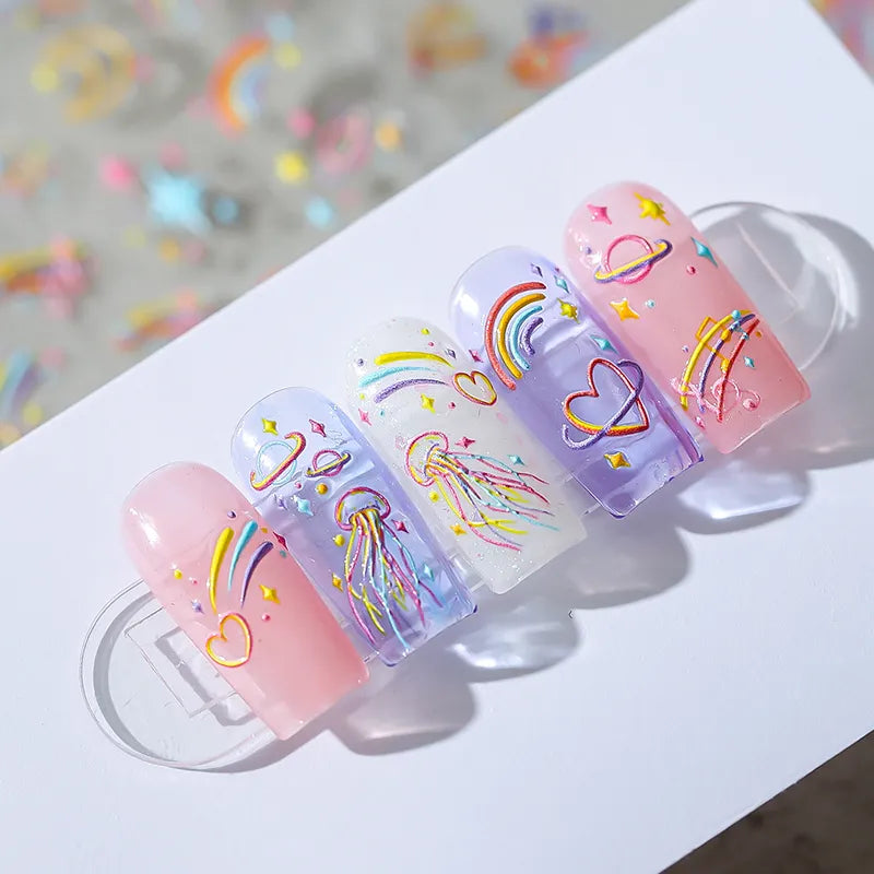 Colorful Graffiti Lines Nail Art Stickers Adhesive Slider Stars Jellyfish Sticker Decals 
