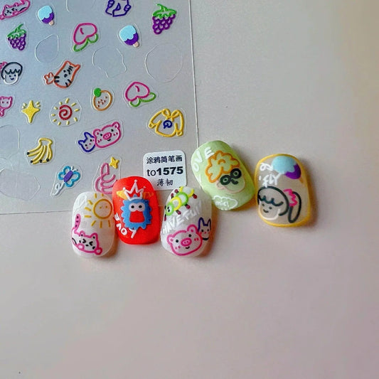 Colorful Graffiti Nail Art Stickers Adhesive Embossed Smile Face Sticker Decals to1740