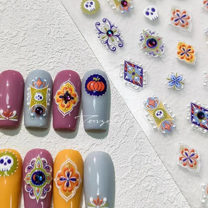 Colorful Nail Art Stickers Adhesive Sliders Bohemia Pattern Embossed Sticker Decals 