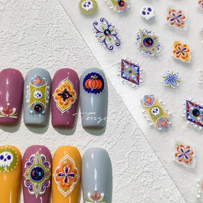 Colorful Nail Art Stickers Adhesive Sliders Bohemia Pattern Embossed Sticker Decals 