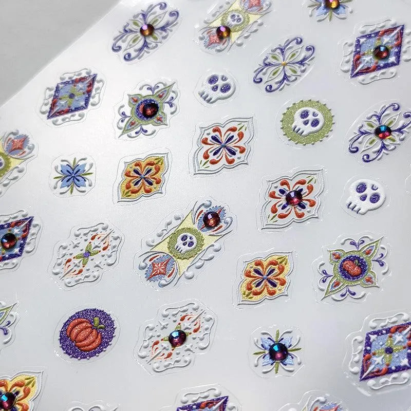Colorful Nail Art Stickers Adhesive Sliders Bohemia Pattern Embossed Sticker Decals 