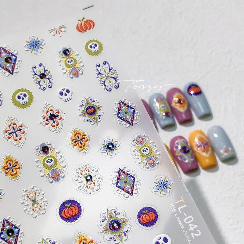 Colorful Nail Art Stickers Adhesive Sliders Bohemia Pattern Embossed Sticker Decals 