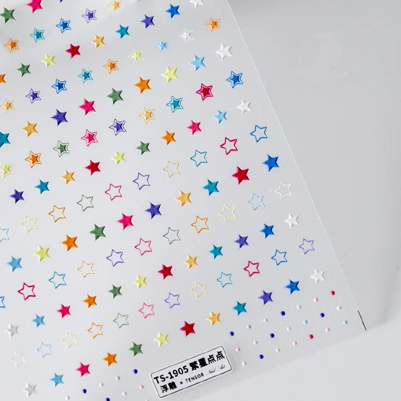 Colorful Stars Love Heart Nail Art Stickers Embossed Adhesive Sticker Decals 