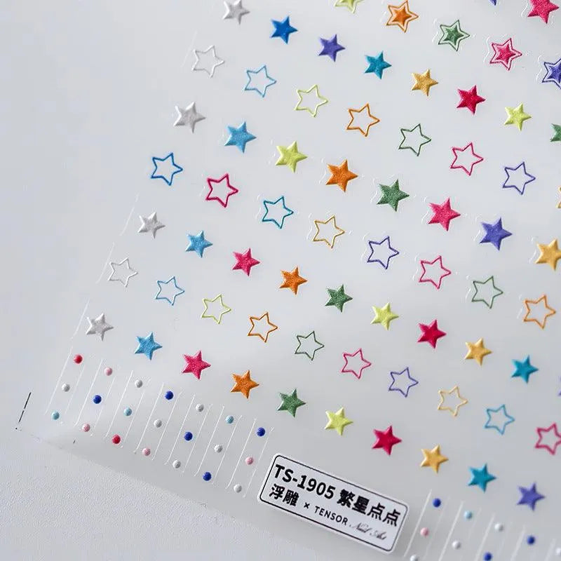 Colorful Stars Love Heart Nail Art Stickers Embossed Adhesive Sticker Decals 