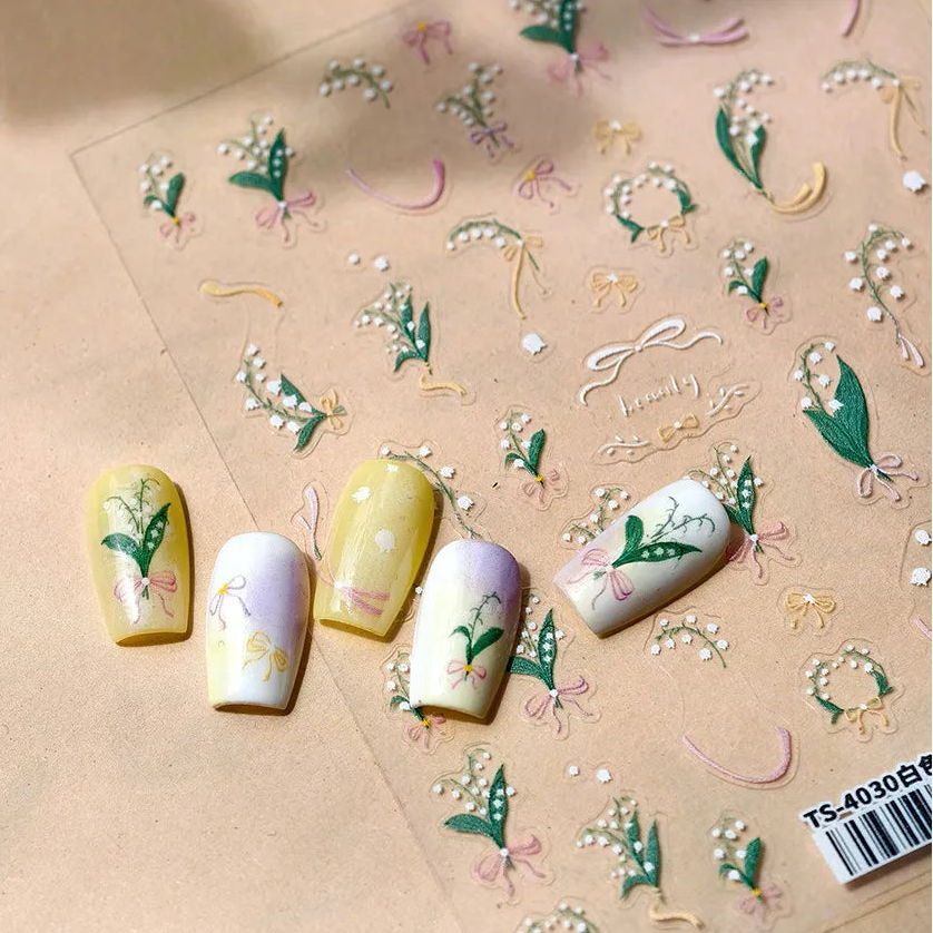 Convallaria Majalis Flower Nail Art Stickers Adhesive Slider Floral Leaf Sticker Decals