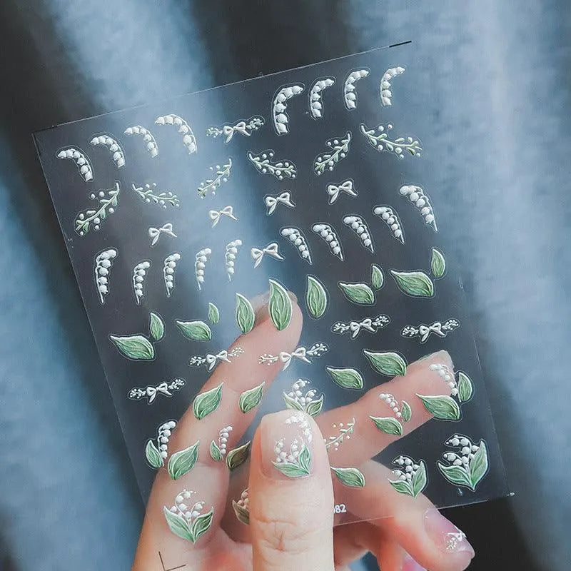Convallaria Majalis Flower Nail Art Stickers Adhesive Slider Floral Leaf Sticker Decals 