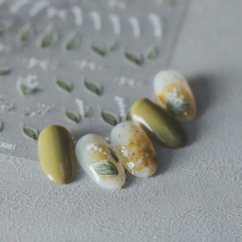 Convallaria Majalis Flower Nail Art Stickers Adhesive Slider Floral Leaf Sticker Decals 