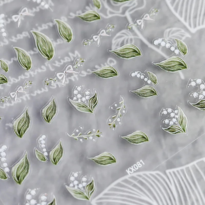 Convallaria Majalis Flower Nail Art Stickers Adhesive Slider Floral Leaf Sticker Decals 