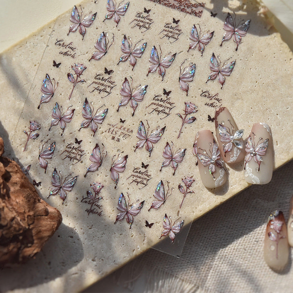 Coquette Aesthetic 5D Butterfly & Rose Nail Stickers - Holographic Script Decals