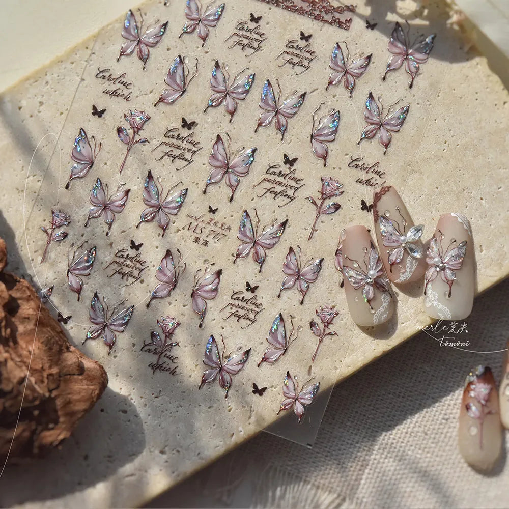 Coquette Aesthetic 5D Butterfly & Rose Nail Stickers - Holographic Script Decals