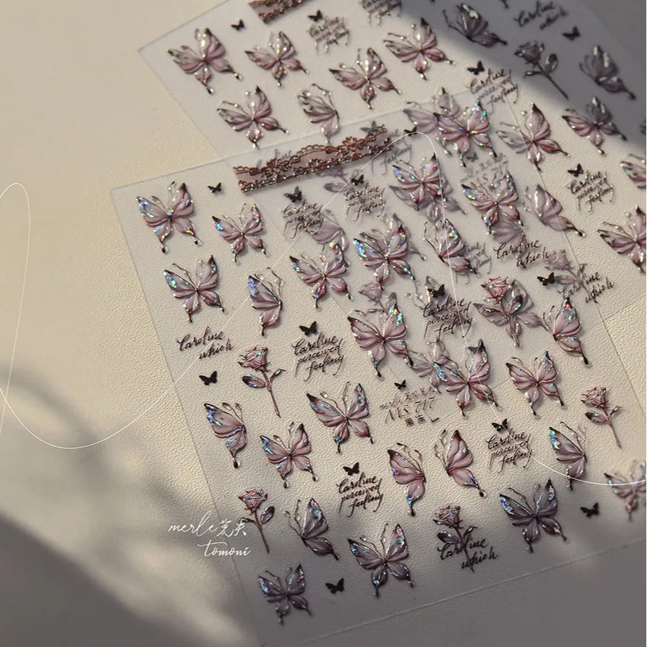 Coquette Aesthetic 5D Butterfly & Rose Nail Stickers - Holographic Script Decals