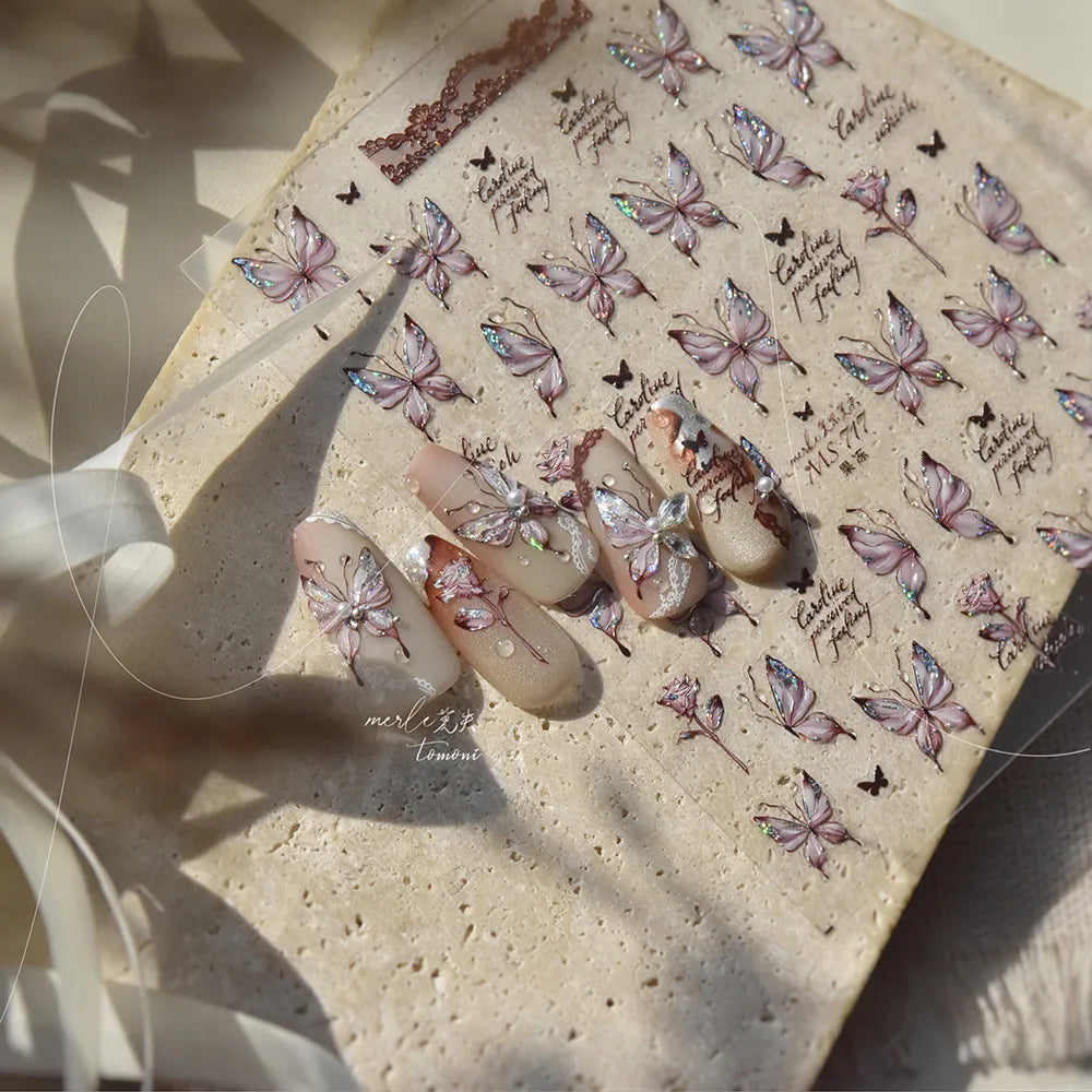 Coquette Aesthetic 5D Butterfly & Rose Nail Stickers - Holographic Script Decals