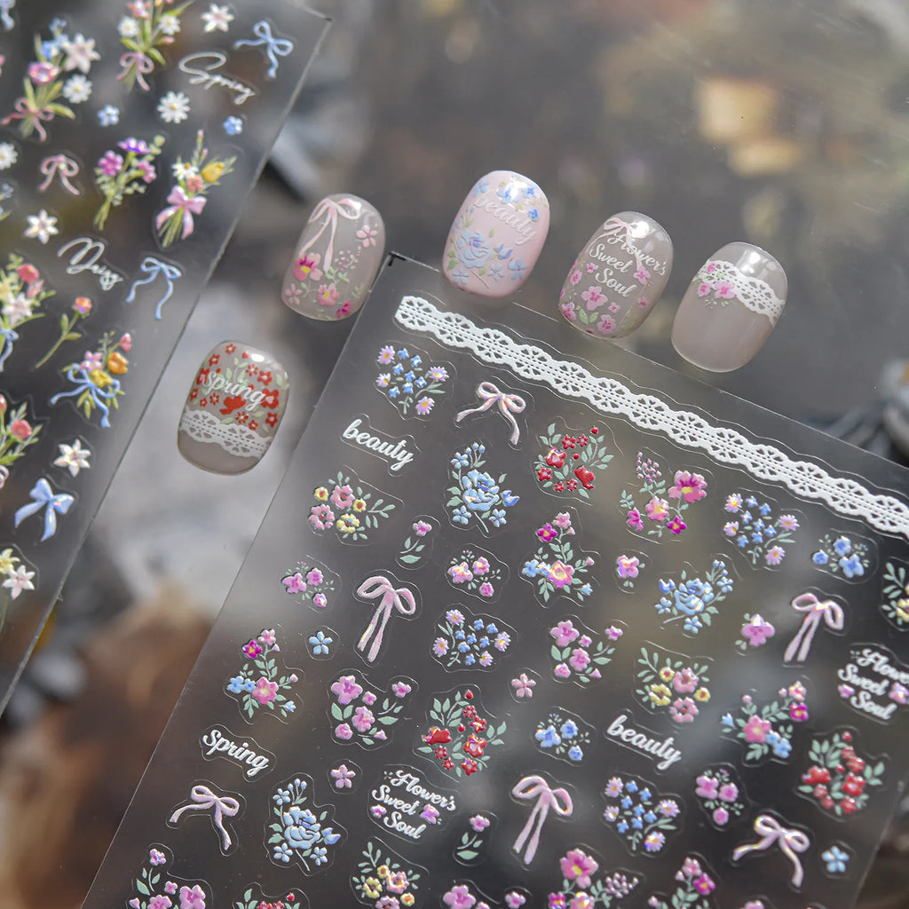 Coquette Bows & Floral Bouquet 3D Nail Art Stickers Decals