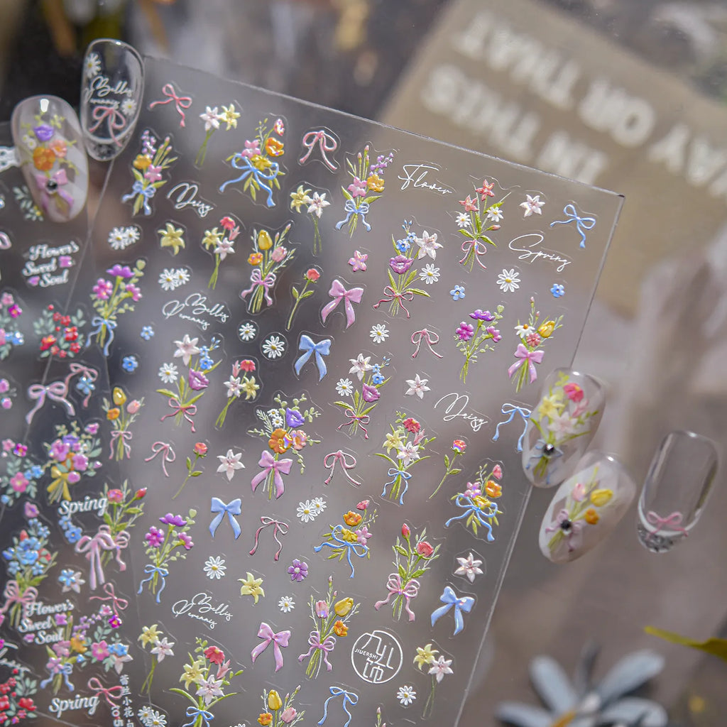 Coquette Bows & Floral Bouquet 3D Nail Art Stickers Decals