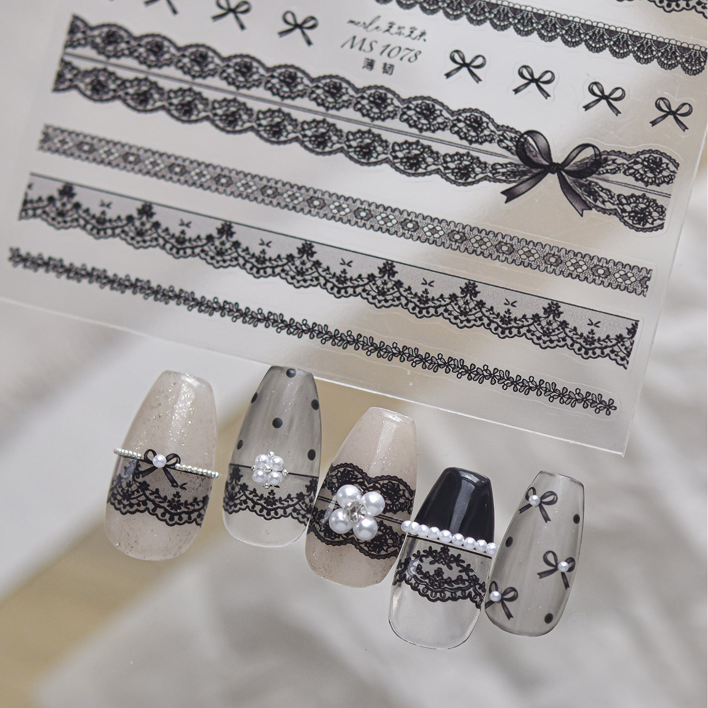 Coquette Lace Bow Nail Stickers - Elegant Black & White Decals 1077