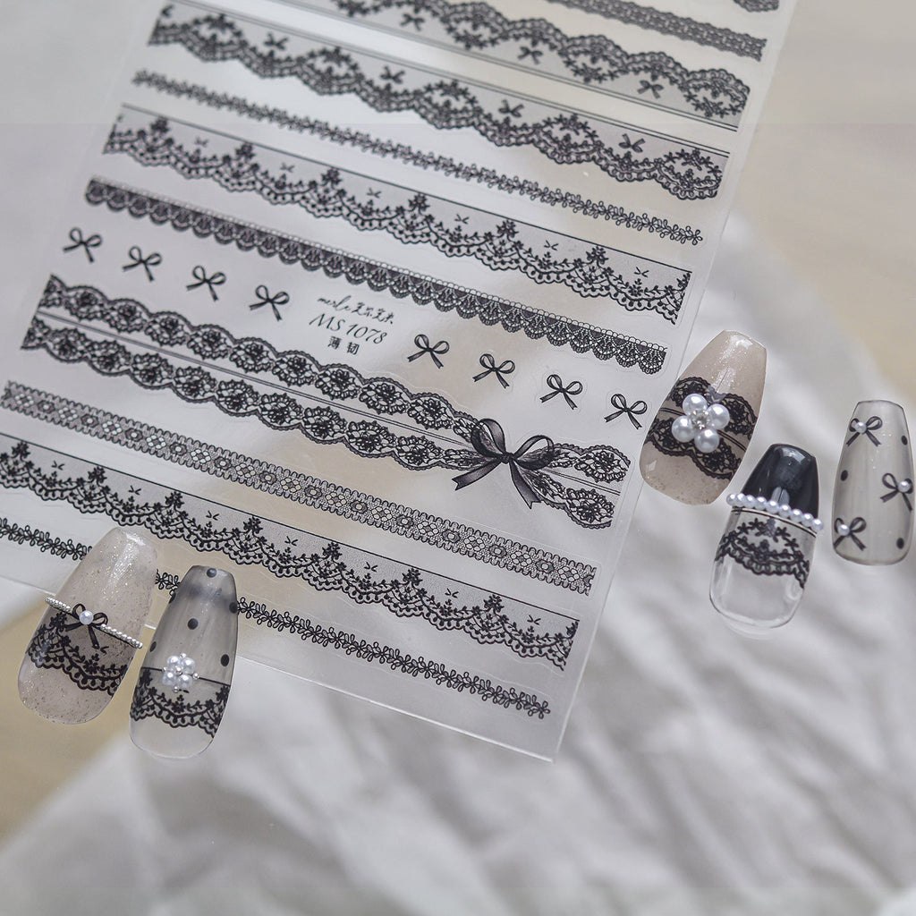Coquette Lace Bow Nail Stickers - Elegant Black & White Decals 1077