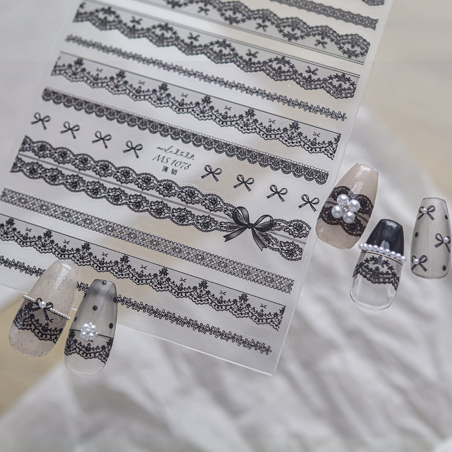 Coquette Lace Bow Nail Stickers - Elegant Black & White Decals 1077