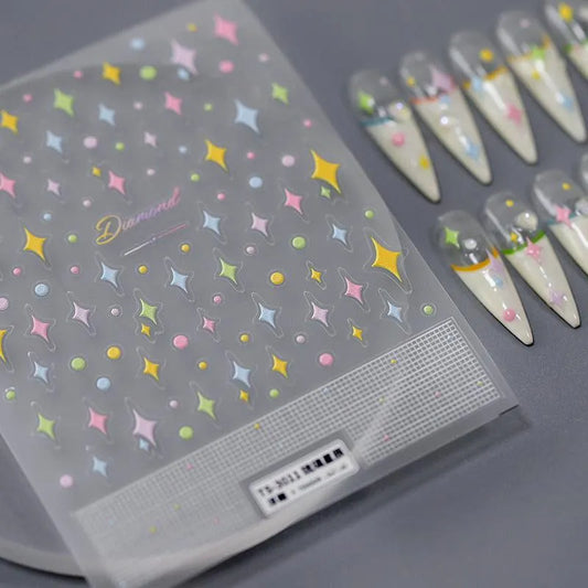 Cross Star Nail Art Stickers Adhesive Sliders Colorful Stars Embossed Sticker Decals 