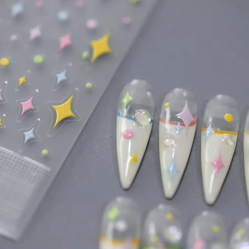 Cross Star Nail Art Stickers Adhesive Sliders Colorful Stars Embossed Sticker Decals 
