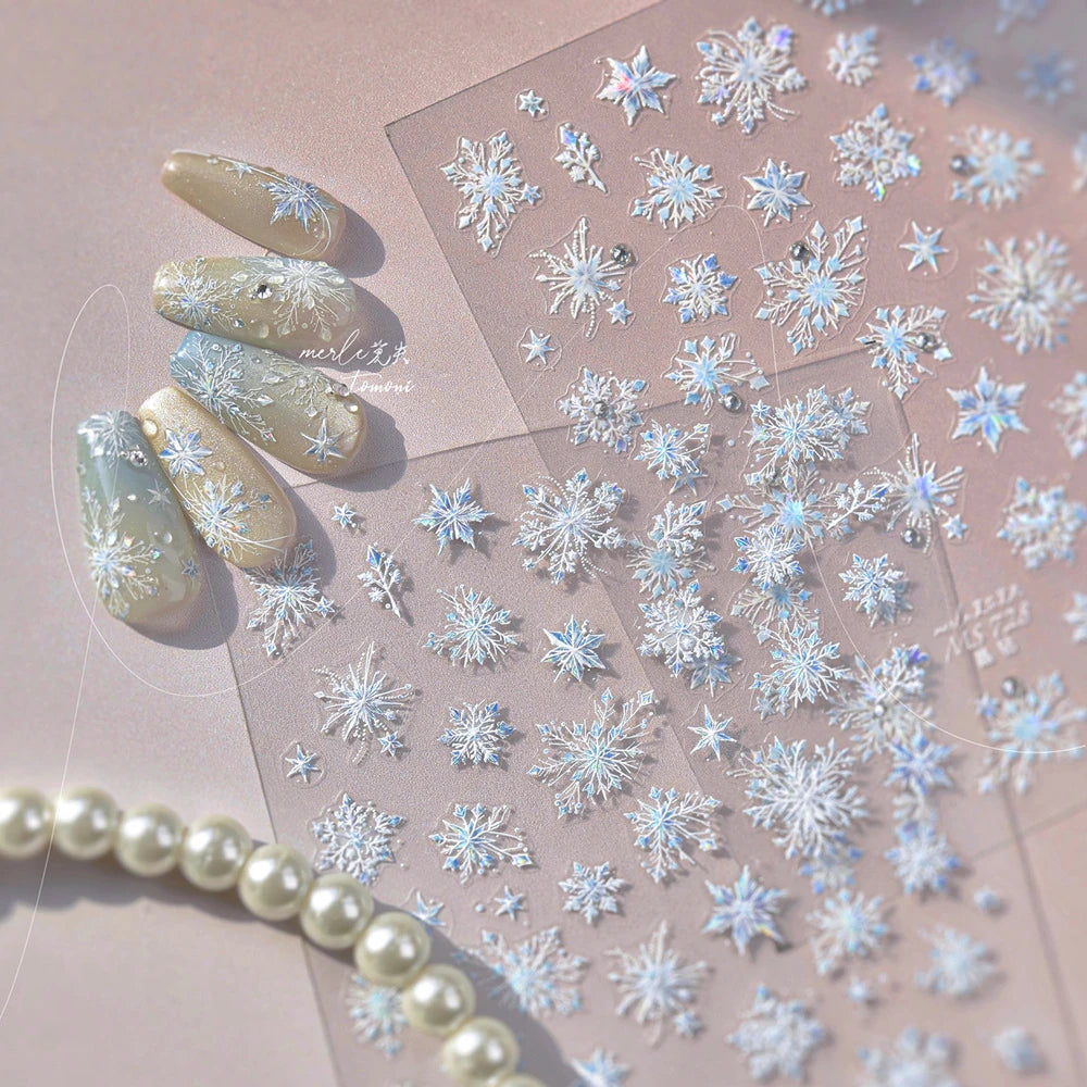 Crystal Snowflake Nail Art Stickers Adhesive Winter Xmas White Snow Embossed Sticker Decals