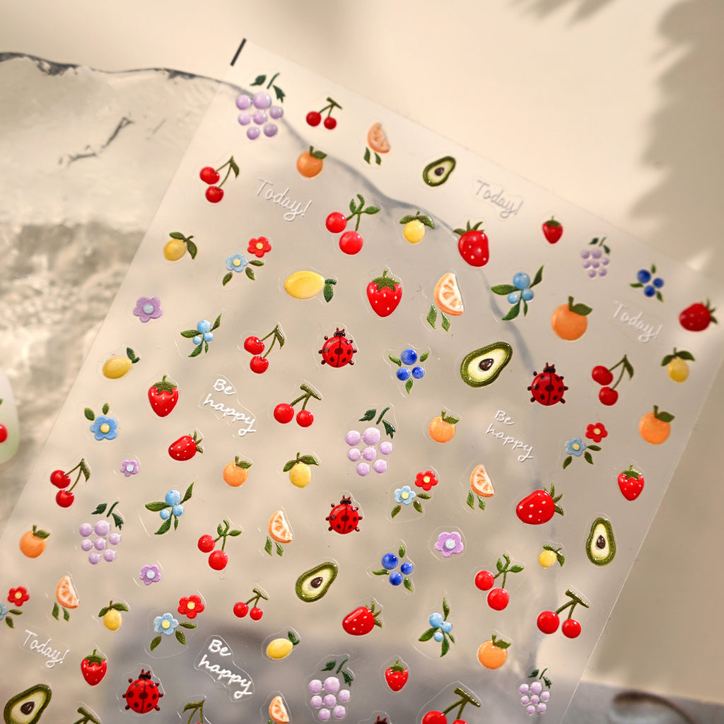 Cute 3D Fruit Nail Art Stickers - Blueberry, Ladybug & Floral Decals 1382