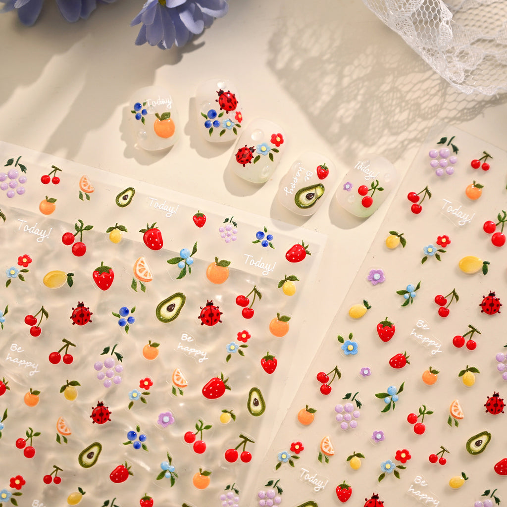 Cute 3D Fruit Nail Art Stickers - Blueberry, Ladybug & Floral Decals 1382