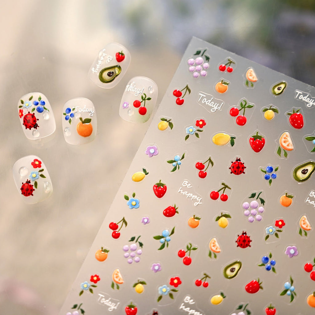 Cute 3D Fruit Nail Art Stickers - Blueberry, Ladybug & Floral Decals 1382