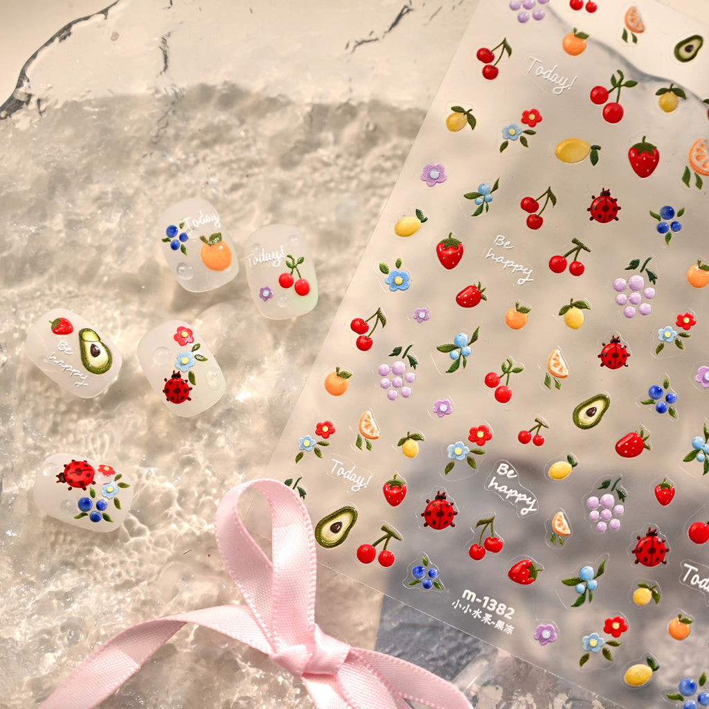 Cute 3D Fruit Nail Art Stickers - Blueberry, Ladybug & Floral Decals 1382