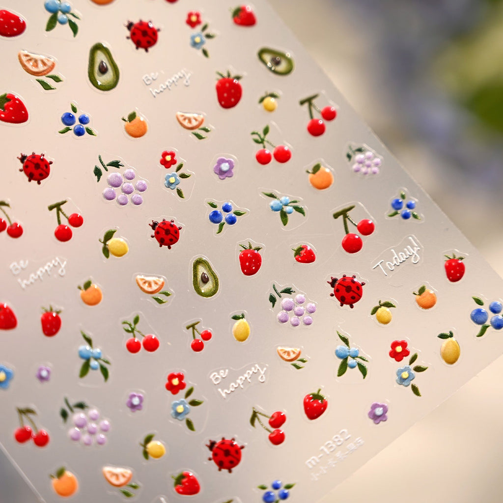 Cute 3D Fruit Nail Art Stickers - Blueberry, Ladybug & Floral Decals 1382