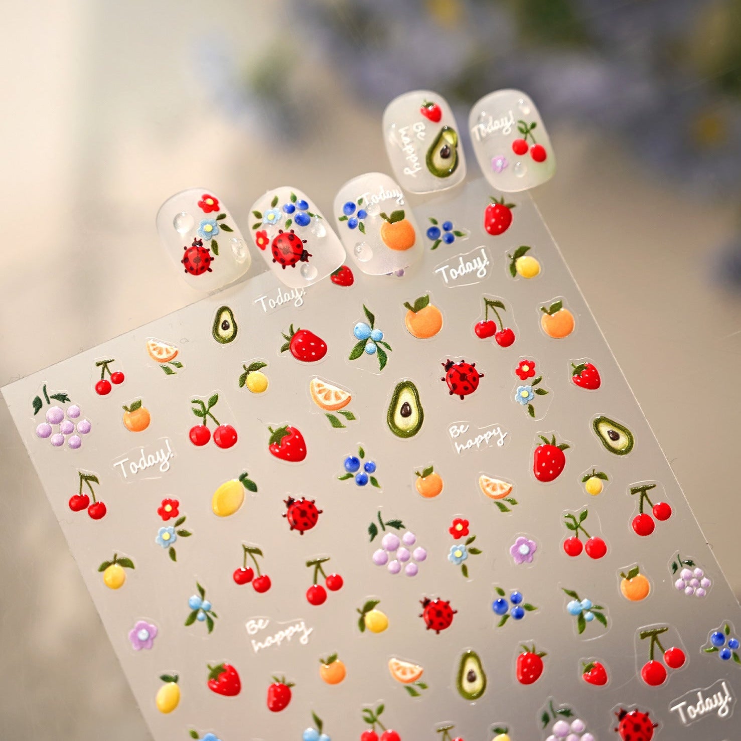 Cute 3D Fruit Nail Art Stickers - Blueberry, Ladybug & Floral Decals 1382