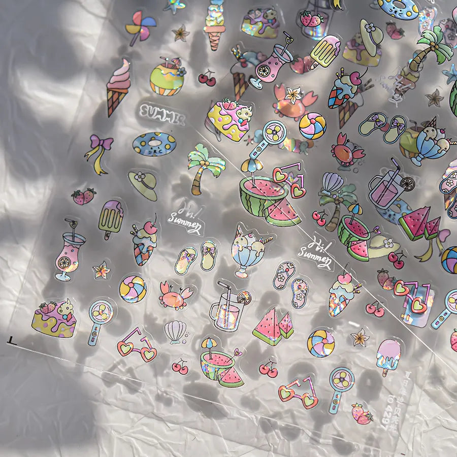 Cute 3D Summer Nail Stickers – Beach Vibes with Ice Cream, Fruits & Vacation Icons