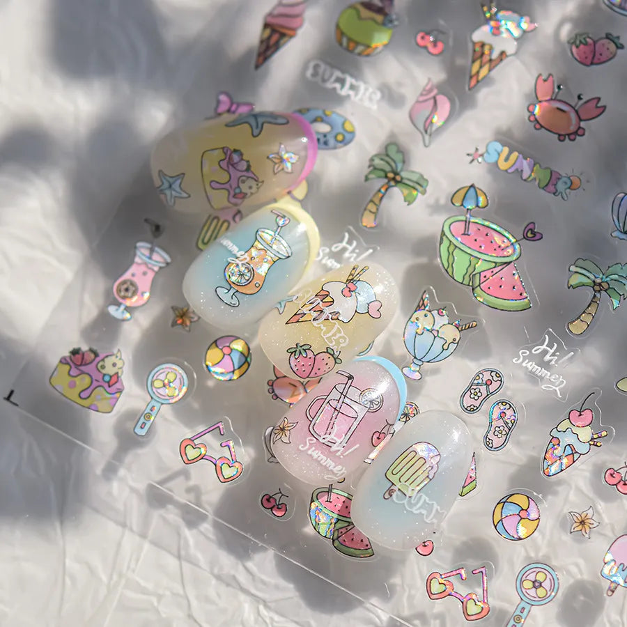 Cute 3D Summer Nail Stickers – Beach Vibes with Ice Cream, Fruits & Vacation Icons