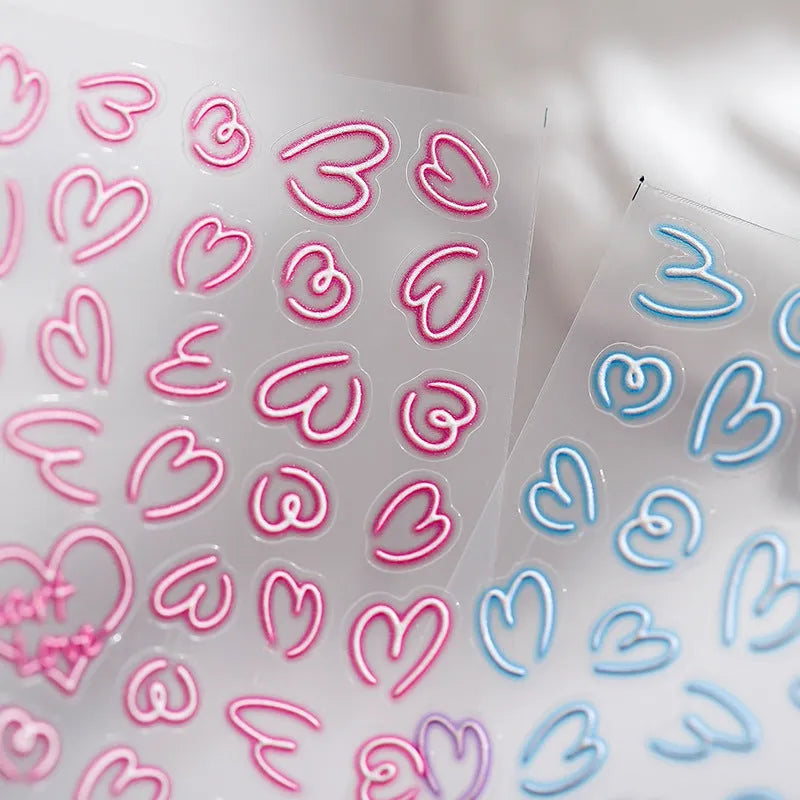 Cute 5D Embossed Heart Nail Stickers | Pink & Blue Y2K Doodle Nail Art Decals TS1767