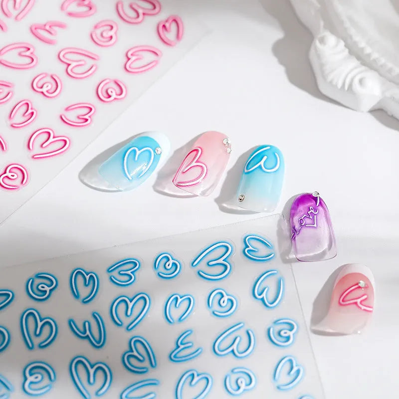 Cute 5D Embossed Heart Nail Stickers | Pink & Blue Y2K Doodle Nail Art Decals TS1767