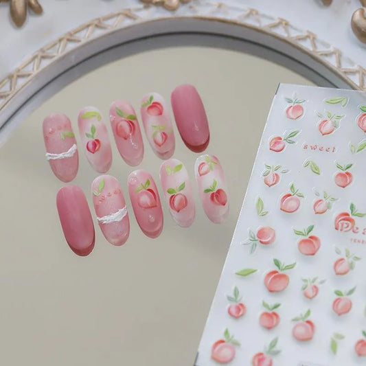 Cute 5D Embossed Peach Nail Stickers Sweet Summer Fruit Nail Art Decals TS2939