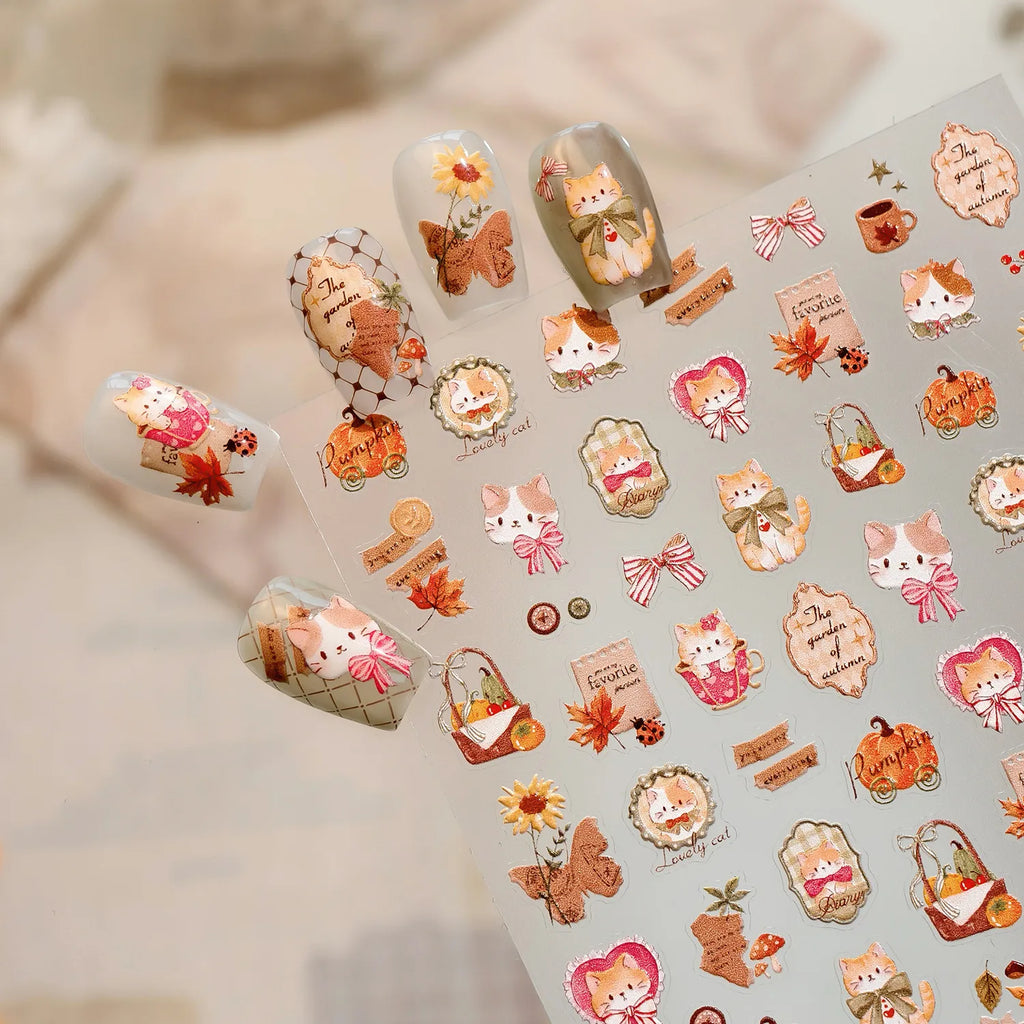 Cute Autumn Cat Pumpkin Nail Stickers | Vintage Fall Kawaii Decals 4211