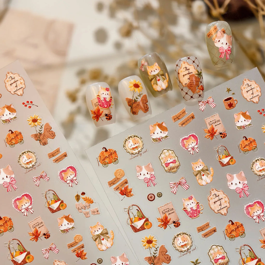 Cute Autumn Cat Pumpkin Nail Stickers | Vintage Fall Kawaii Decals 4211