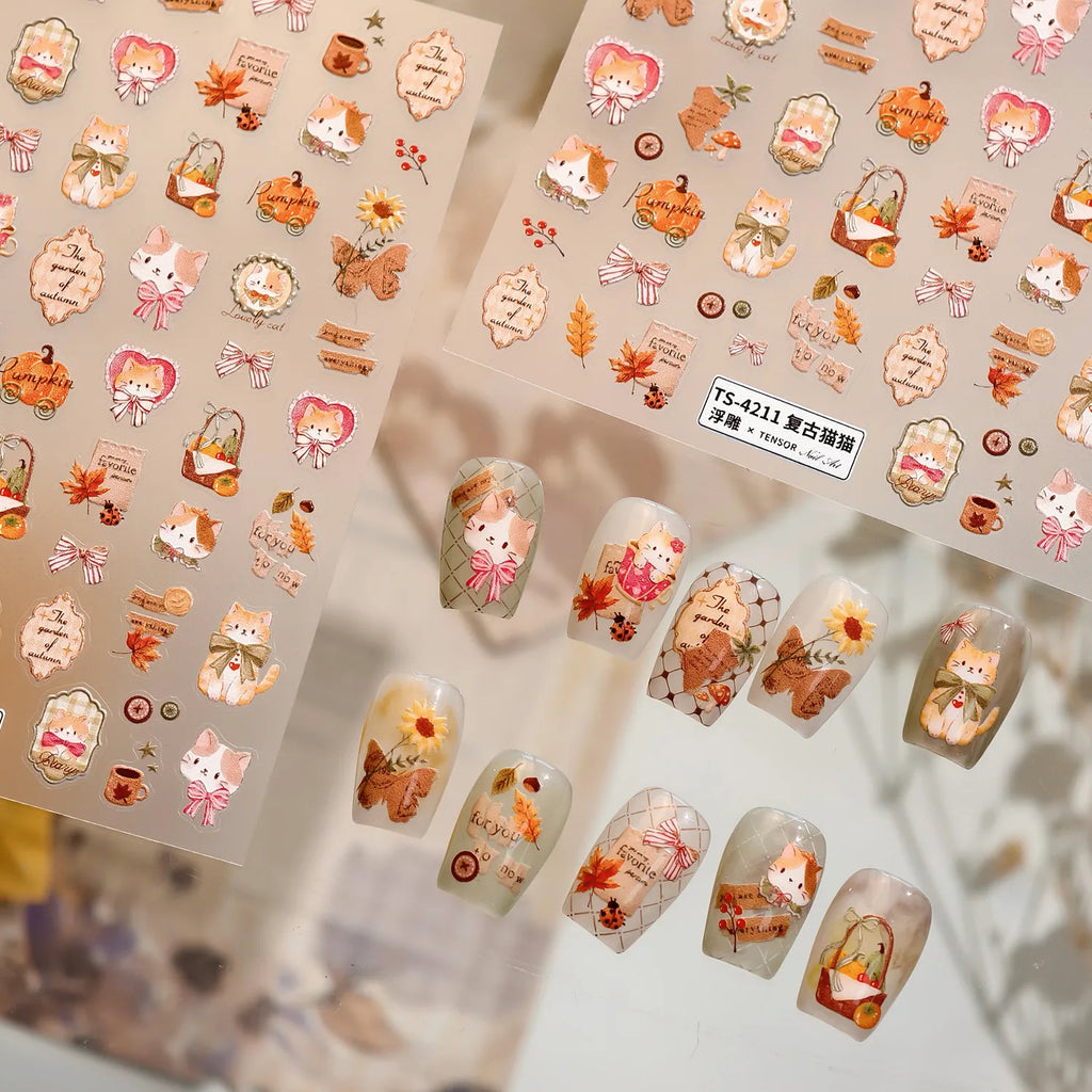 Cute Autumn Cat Pumpkin Nail Stickers | Vintage Fall Kawaii Decals 4211