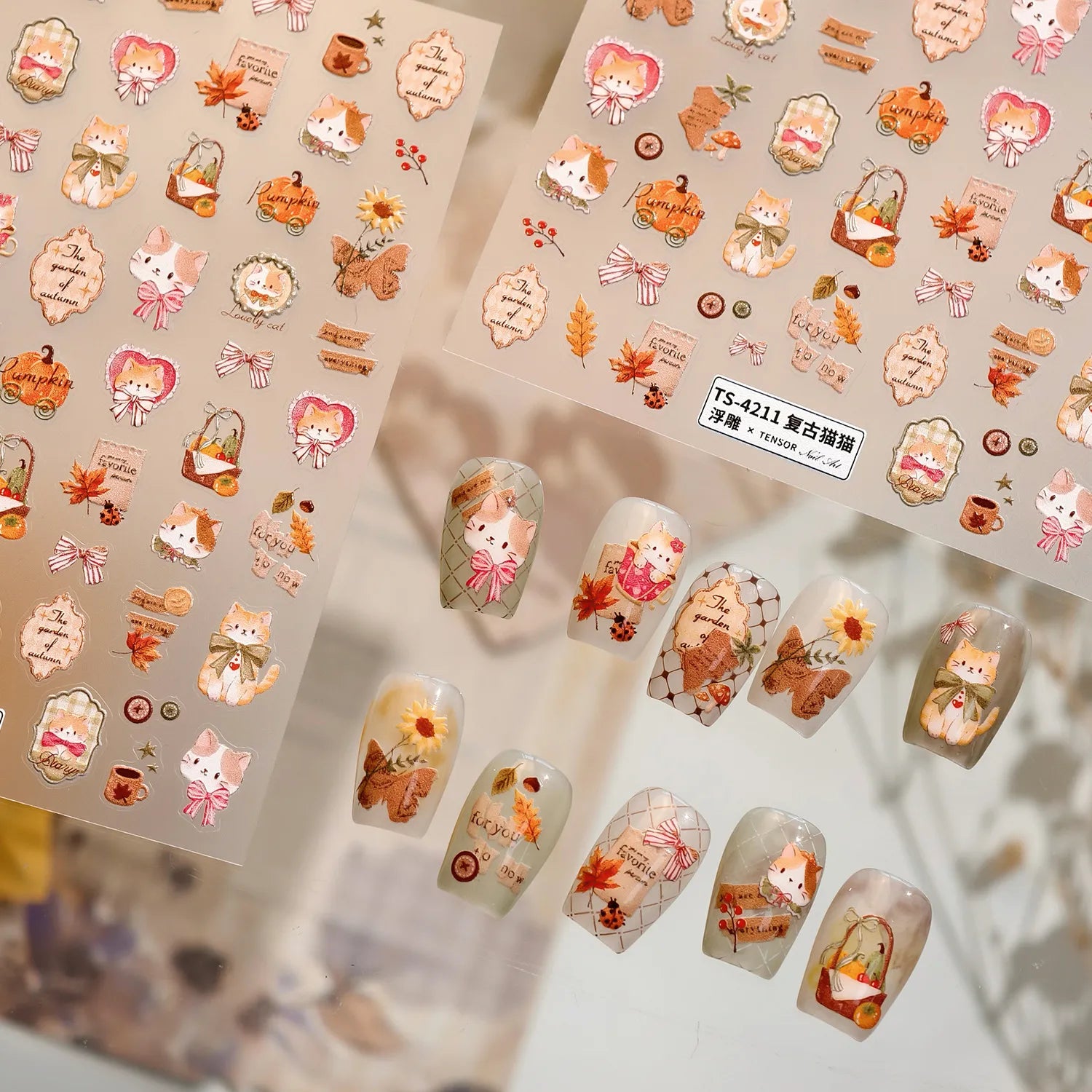 Cute Autumn Cat Pumpkin Nail Stickers | Vintage Fall Kawaii Decals 4211