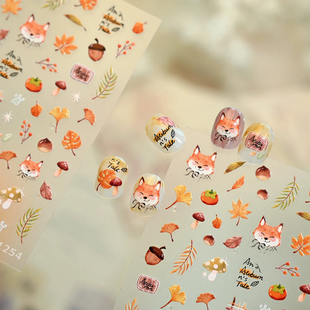 Cute Autumn Fox Nail Stickers | Fall Maple Leaf & Pumpkin Nail Decals M1254