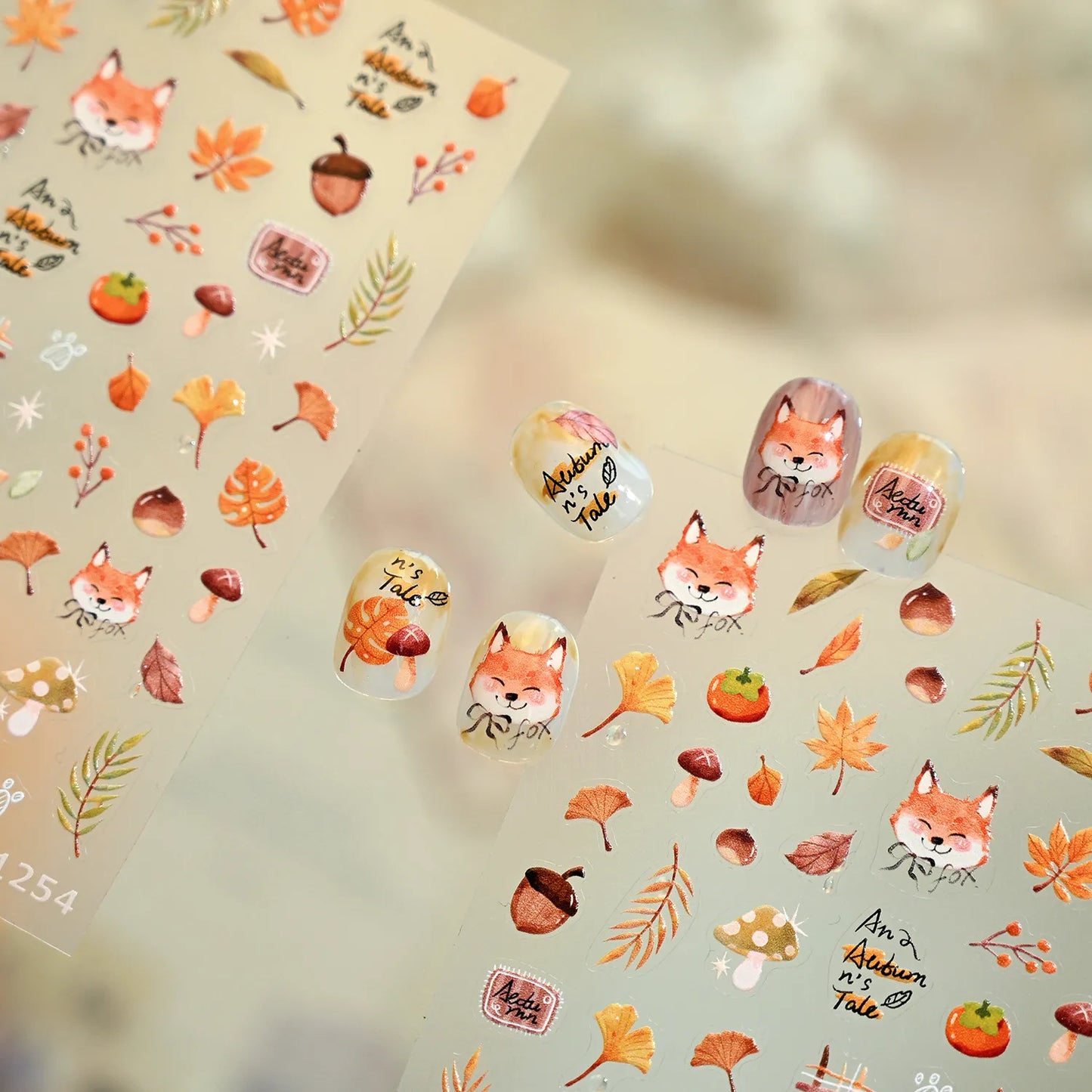 Cute Autumn Fox Nail Stickers | Fall Maple Leaf & Pumpkin Nail Decals M1254